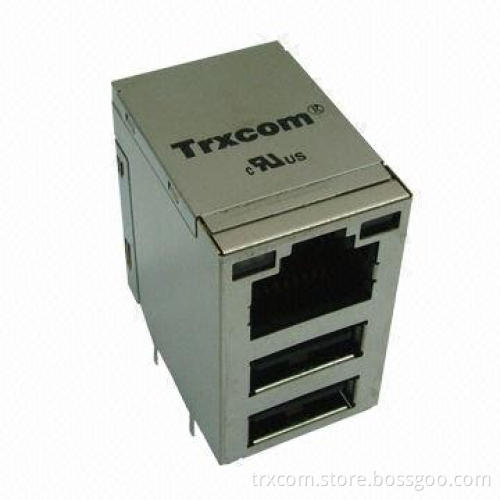 RJ45 Connector with Dual Stacked USB, Available in Various Turn Ratios